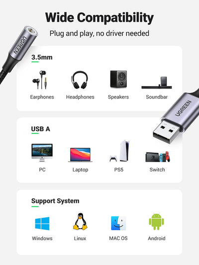 UGREEN 30757 USB 2.0 TO 3.5MM AUDIO ADAPTER ALUMINUM ALLOY 25CM